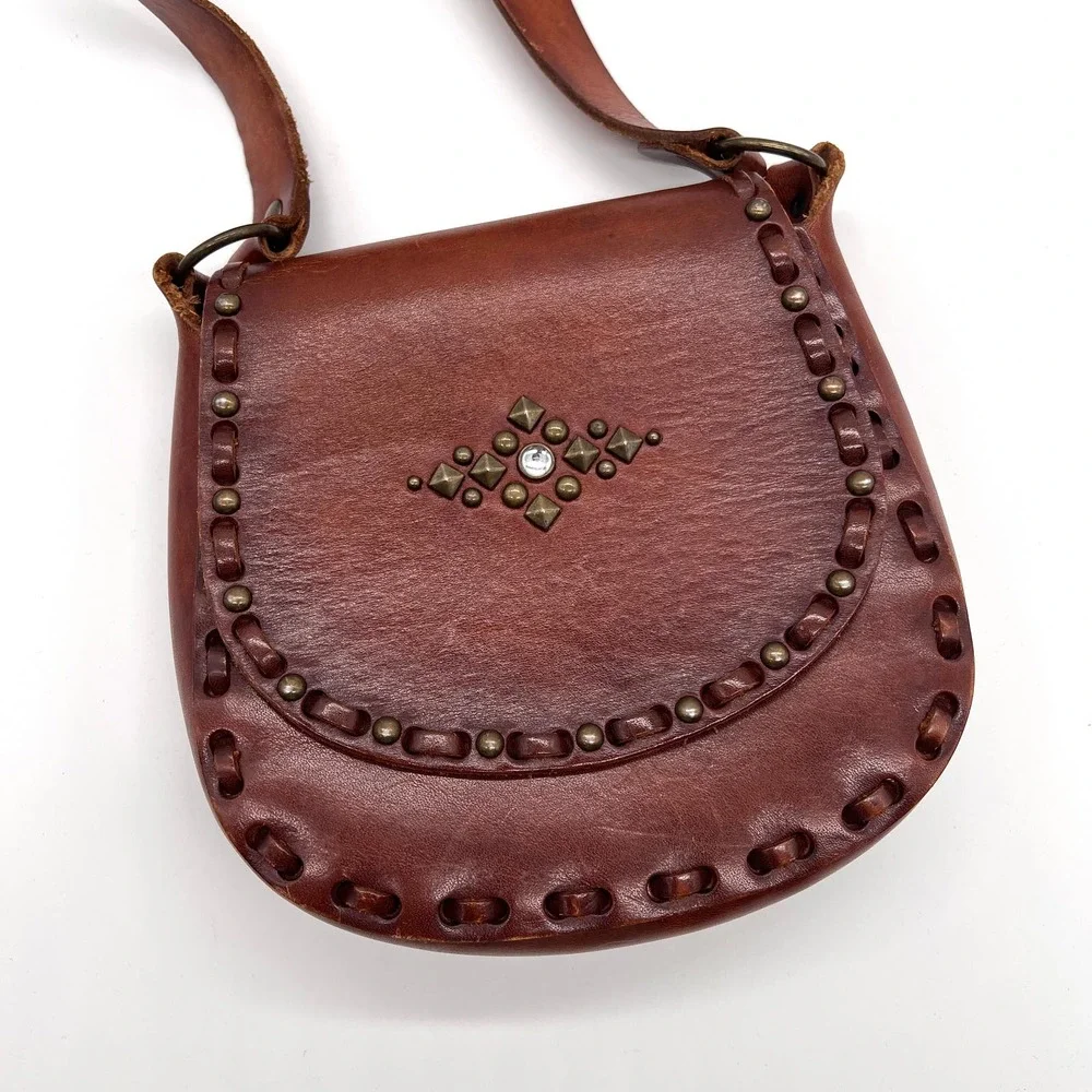 VINTAGE Leather Crossbody Bag Womens Small Brown Handmade Studs Jewels Stitched - Picture 2 of 12